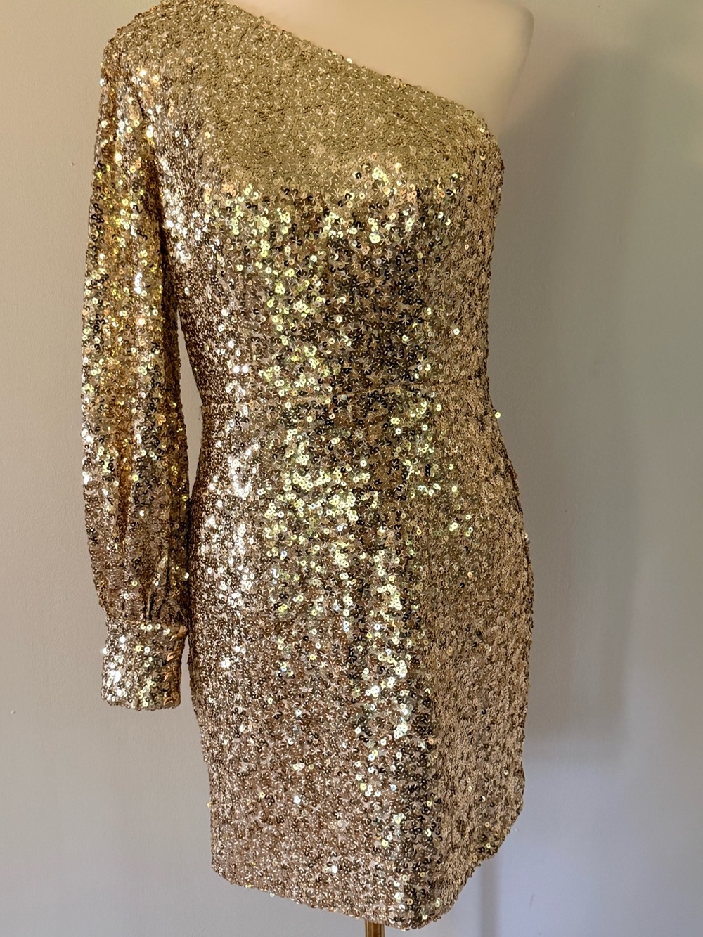 Ieena Mac Duggal Gold Sequin One Shoulder Mini Dress Size 8 NWOT - Picture 3 of 6